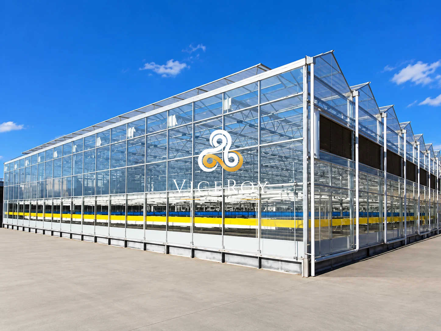 Illustrative rendering of IKAR LLC in Moffat, Colorado: angled exterior view of multi-span greenhouse structures